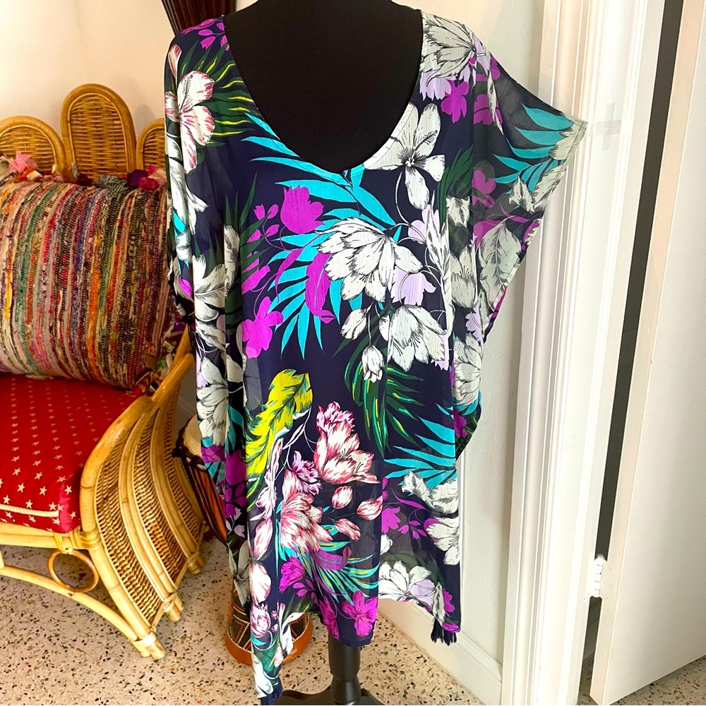 KONA SOL Print Caftan Dress! Sheer with navy tassels! Swim Coverup! XL